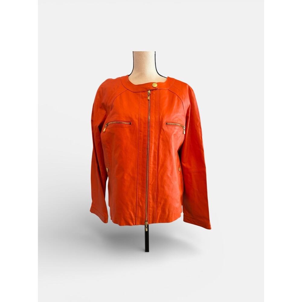 Women's Bright Orange Leather Zip Jacket